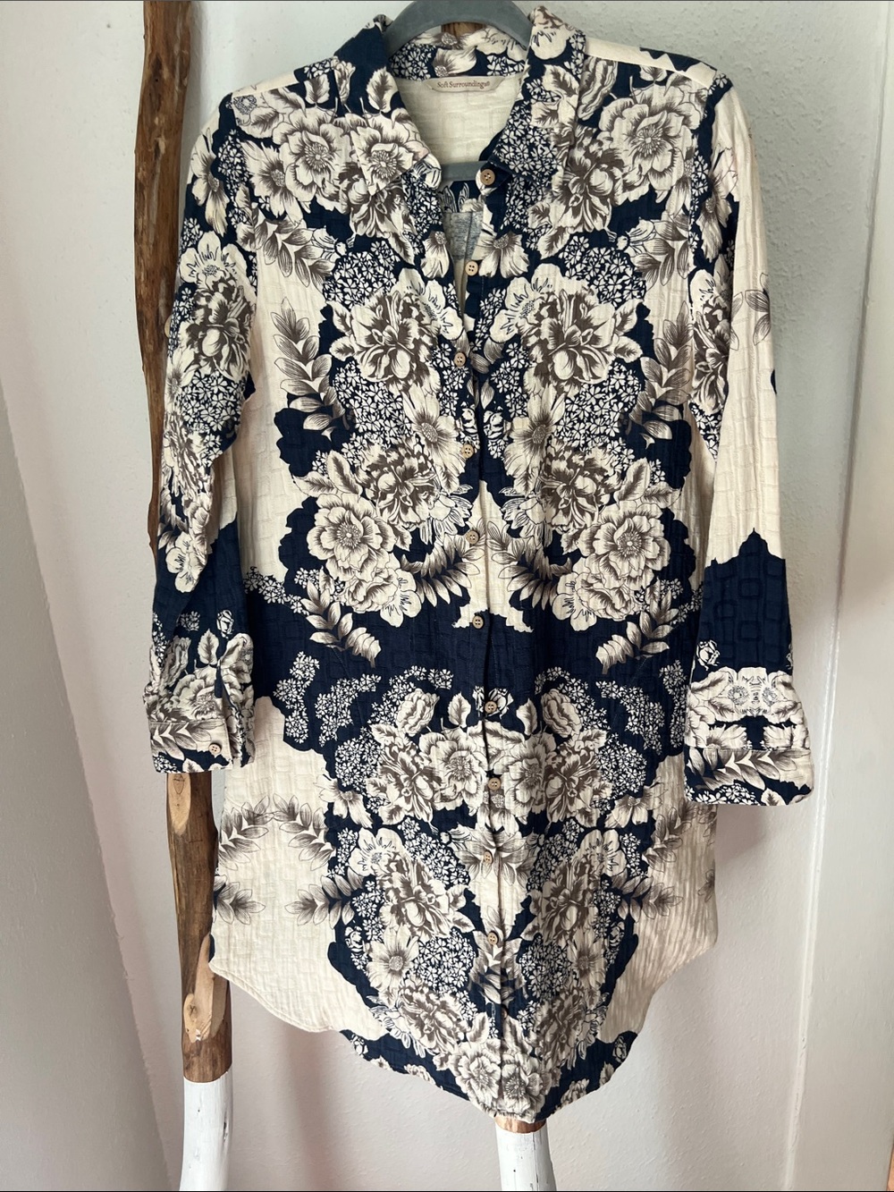 Soft Surroundings Navy Grey & Cream Floral Cotton Button-Front Shirt Dress Small